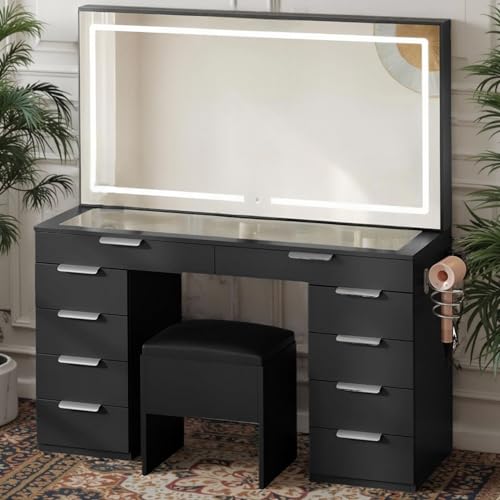 YITAHOME Vanity Set, Makeup Vanity Desk with Adjustable LED Mirror, Power Outlets, 10 Drawers, Magnifying Glass, Tempered Glass Top, Hairdryer Holder, Stool for Bathroom, Makeup Room