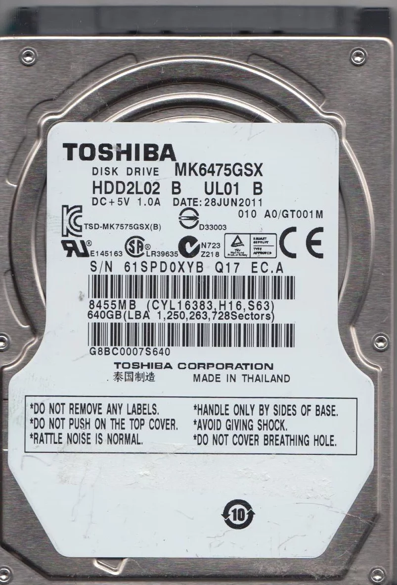 MK6475GSX, A0/GT001M, HDD2L02 B UL01 B, Toshiba 640GB SATA 2.5 Hard Drive