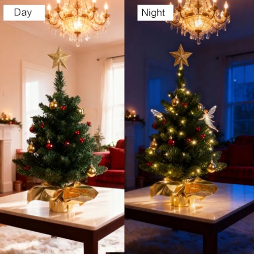 24 Inch Tabletop Christmas Tree, Artificial Mini Xmas Pine Tree with LED String Lights and Ornaments,Christmas Decoration Tree Decor-Red