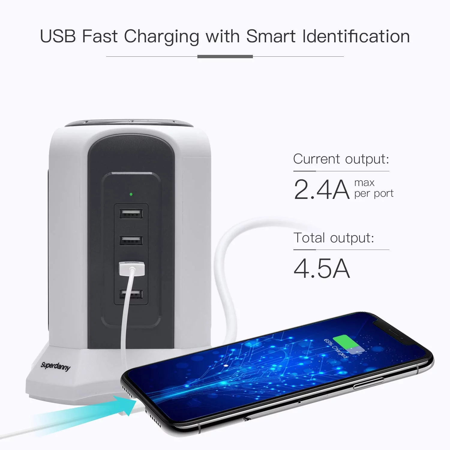 SUPERDANNY 10ft Power Strip Tower Wireless Charger Surge Protector Outlet USB Charging Station