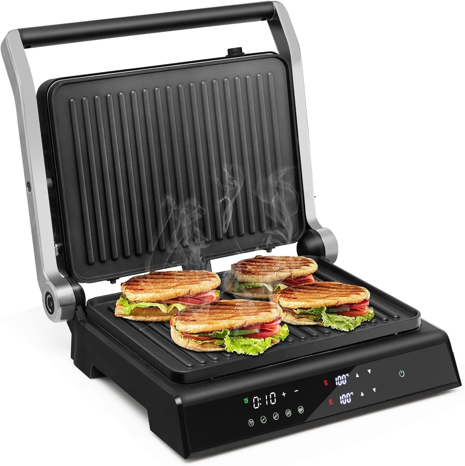 Electric Panini Press Grill, 1200W Sandwich Maker with Non-Stick Double Sided Plates, Independent Temperature Control & Removable Drip Tray, Opens 180 Degrees to Fit Any Size of Food