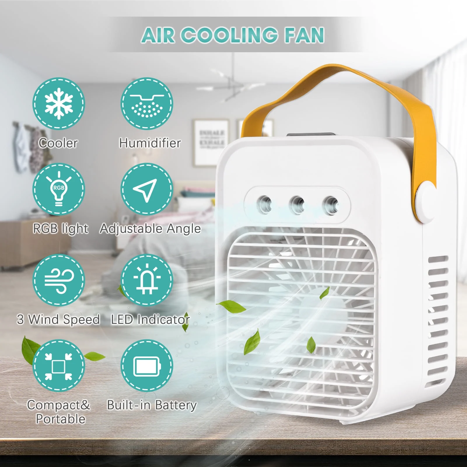 Anself Portable Air Cooling Fan Desktop Air Cooler Humidifier with Colorful LED Light 3 Wind Speeds Adjustable Wind Direction for Home Bedroom Office Camping Use