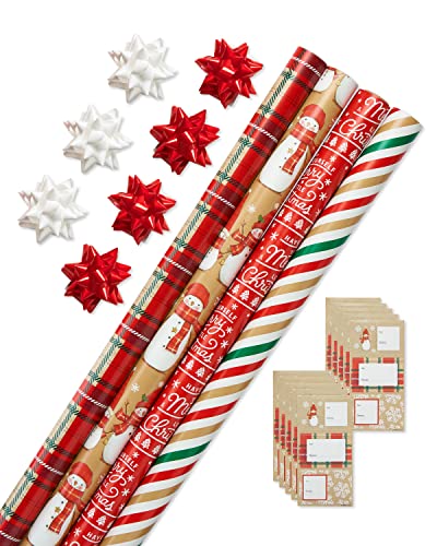 American Greetings Christmas Wrapping Paper Set, Red and Tan Brown Holiday Gift Wrap (120 sq. ft., 4 rolls-30 in. x 12 ft., 7 Adhesive Bows, 30 Gift Tag Stickers) Plaid, Stripes, and Snowmen