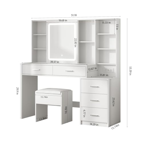 Fameill Vanity Desk with Mirror and Lights, Makeup Vanity with 5 Drawers, Makeup Desk with Charging Station and Ample Storage, Dressing Table with Chair for Bedroom Room (White)
