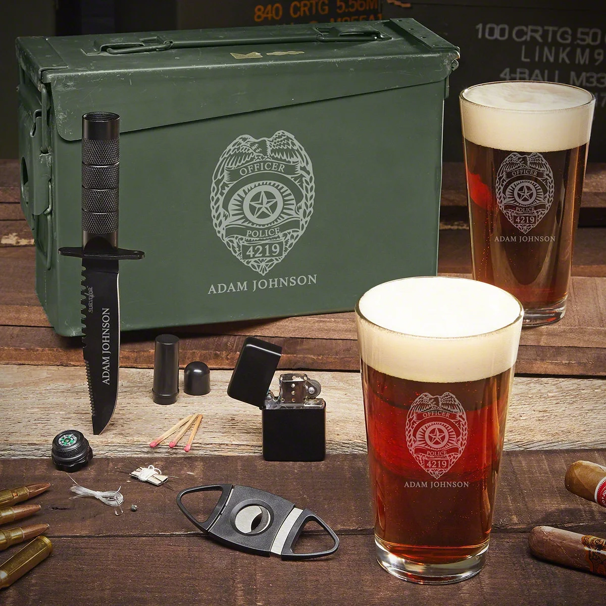 Police Badge Personalized .30 Cal Ammo Can and Pint Glasses Gift Set
