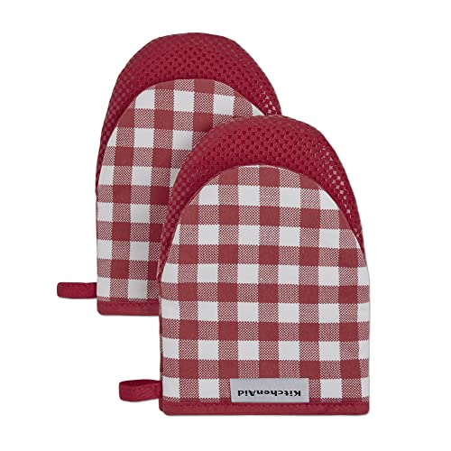 KitchenAid Gingham Cotton Mini Oven Mitt 2-Pack Set, Passion Red, 5.5