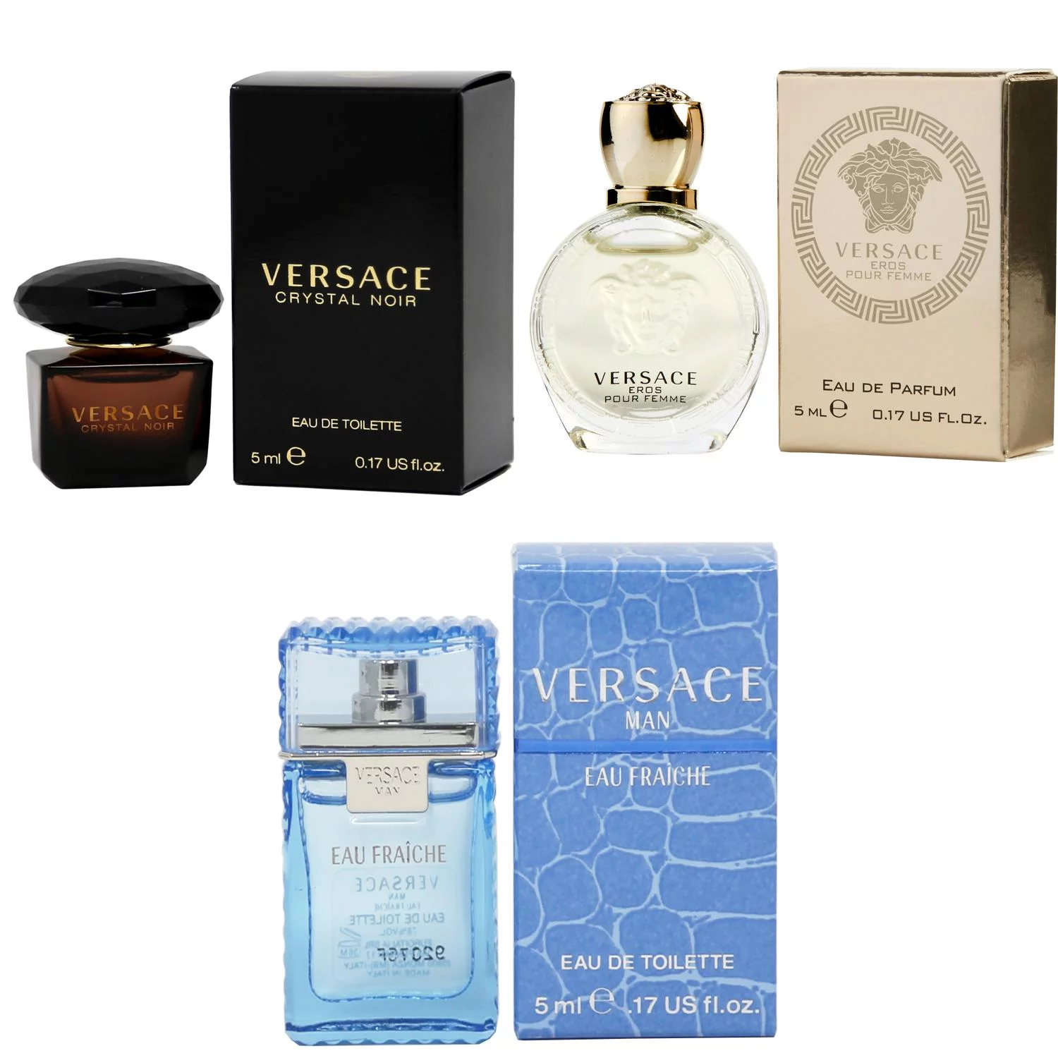 Versace Crystal Noir EDT, Eros Women EDP, Man Eau Fraiche EDT - 5ml 3PK Kit