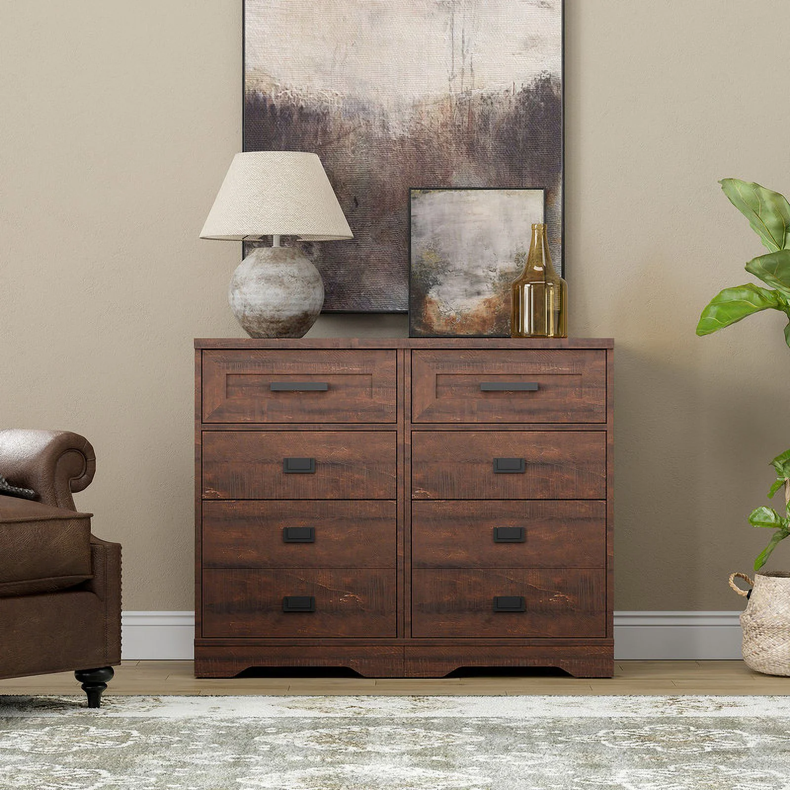 WAMPAT 2 Pack High End Table Side Table for Living Room 3 Drawers Dresser for Bedroom Office,Rustic Brown