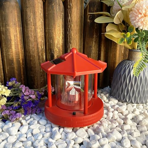 Solar Lighthouse 360 Degree Rotating Light, Garden Lawn Light Houses Lamp Outdoor Garden Waterproof Street Light Led Solar Powered Lighthouse Garden Decor(red)
