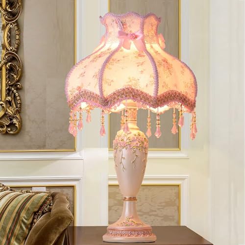 Vintage Pink Table Lamp,Victorian Style Table Lamp with Lace,Princess Bedside Lamps,Pleated Fabric Shade Desk Lamp,Antique Flower Night Light for Bedroom Nightstand Decorative Table Lamp