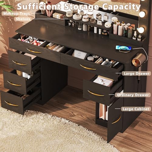 Makeup Vanity Desk with Lights, Vanity Desk with Large Mirror, White Vanity with Outlets Large Drawers & Storage, 3 Lighting Color Adjustable, Bedroom Dressing Table