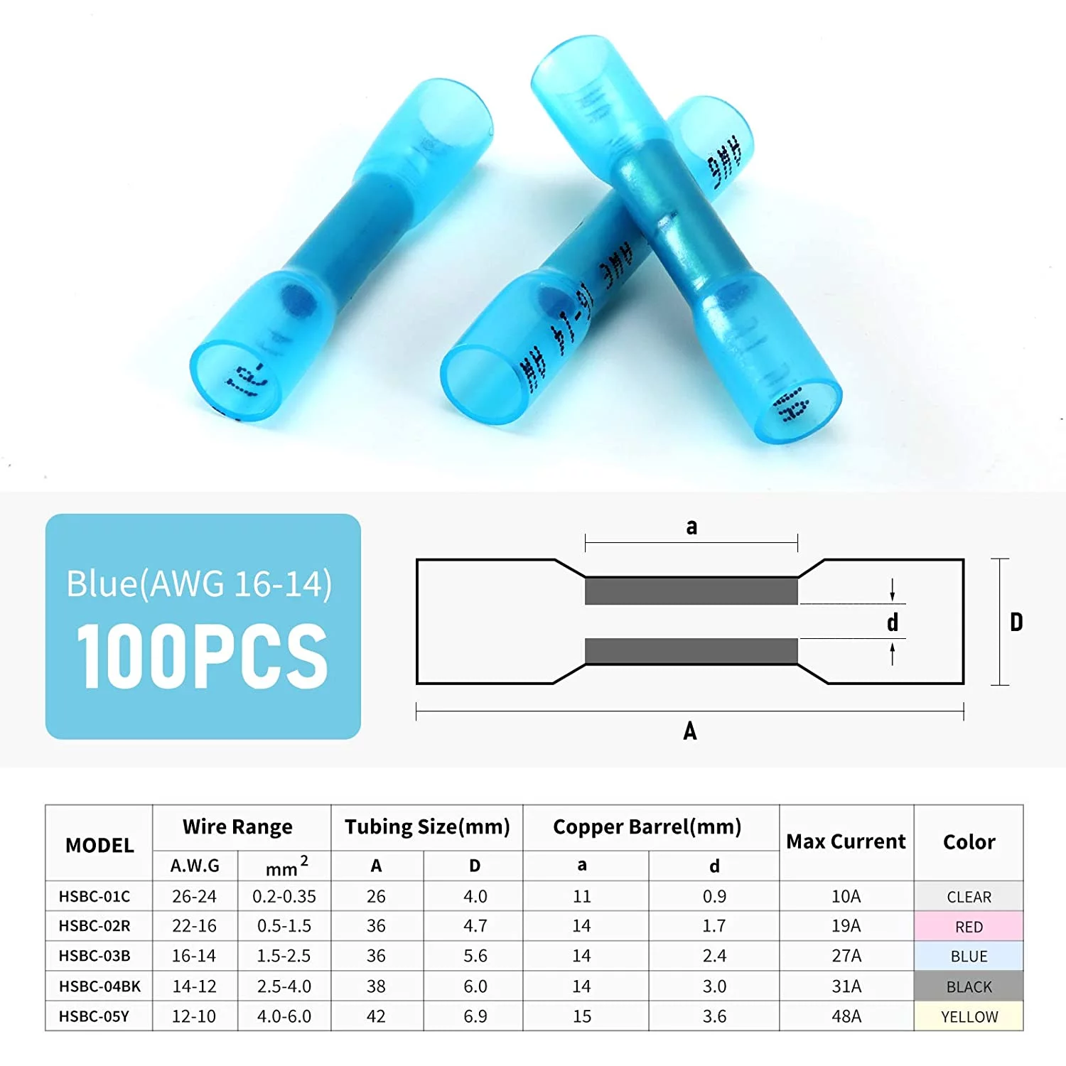 Heat Shrink Butt Wire Connectors, 100Pcs 16-14 AWG Blue Insulated Waterproof Electrical Wire Connectors Automotive Marine Grade Wire Crimp Terminals Butt Splices, Ideal for Boat, Truck, Stereo Blue
