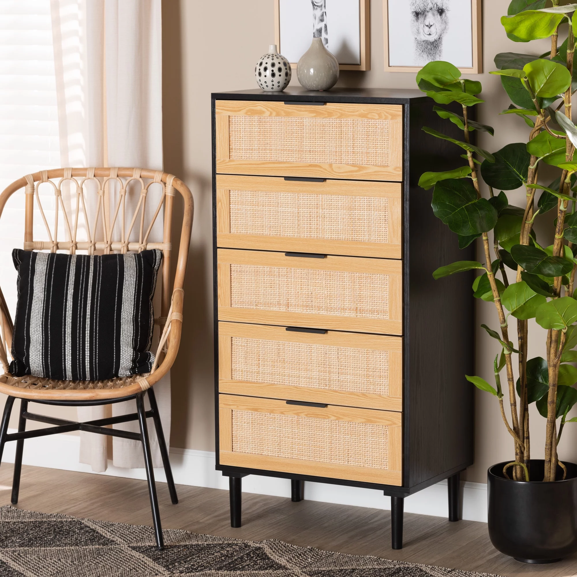 Baxton Studio Maureen Mid-Century Modern Espresso Brown Wood and Rattan 5-Drawer Storage Cabinet
