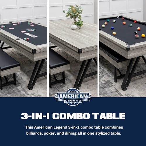 American Legend 3-in-1 Pool + Poker Dining Table - Instant Transformation - Premium Black Felt - XL Flip Top Bench Storage - Modern Design