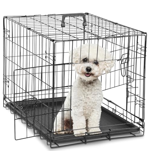 Sweetcrispy Large Dog Crate with Divider Panel, 36 Inch Double Door Folding Metal Wire Dog Cage with Plastic Leak-Proof Pan Tray, Pet Kennel for Indoor, Outdoor, Travel, 36S