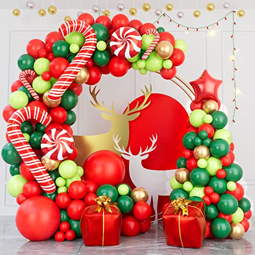 Bonropin Christmas Balloon Garland Arch kit with Xmas Red Gold Dark Green Balloon Fresh Green Balloon and Candy Balloons Gift Box Balloons Red Star Balloons Rich for Christmas Party Decorations