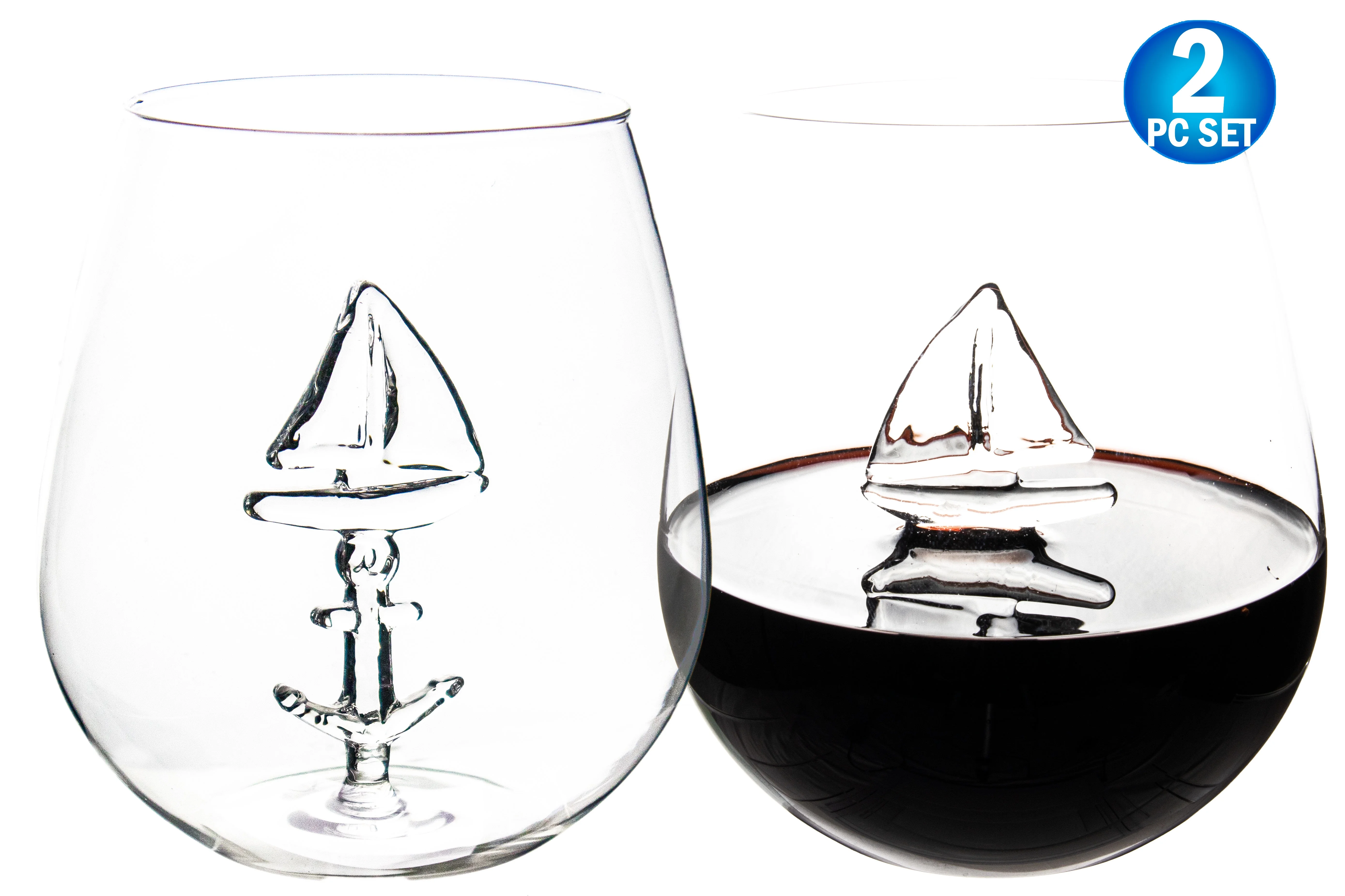 Sail Boat Wine Glass with 3D Sailboat and Nautical Anchor Design - 2 PC SET 650ml Large Stemless - Unique Sea-Themed Wine Stemware for Drinking Wine, Boating, and Sailing