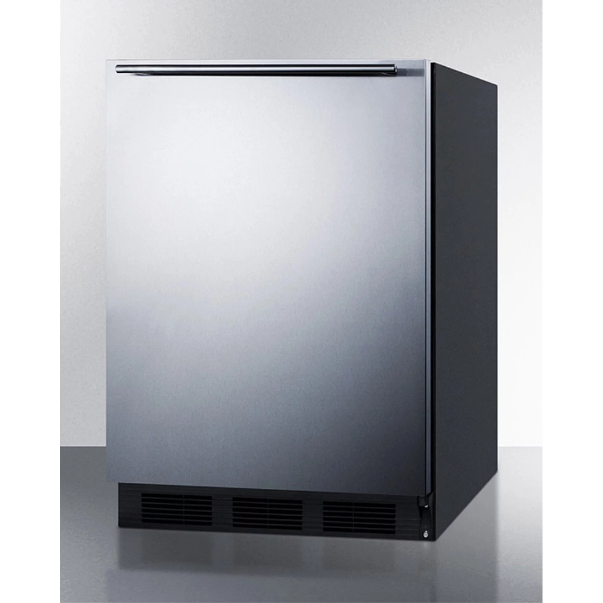 Built-in undercounter all-refrigerator for residential use, auto defrost with a stainless steel wrapped door, horizontal handle, and black cabinet