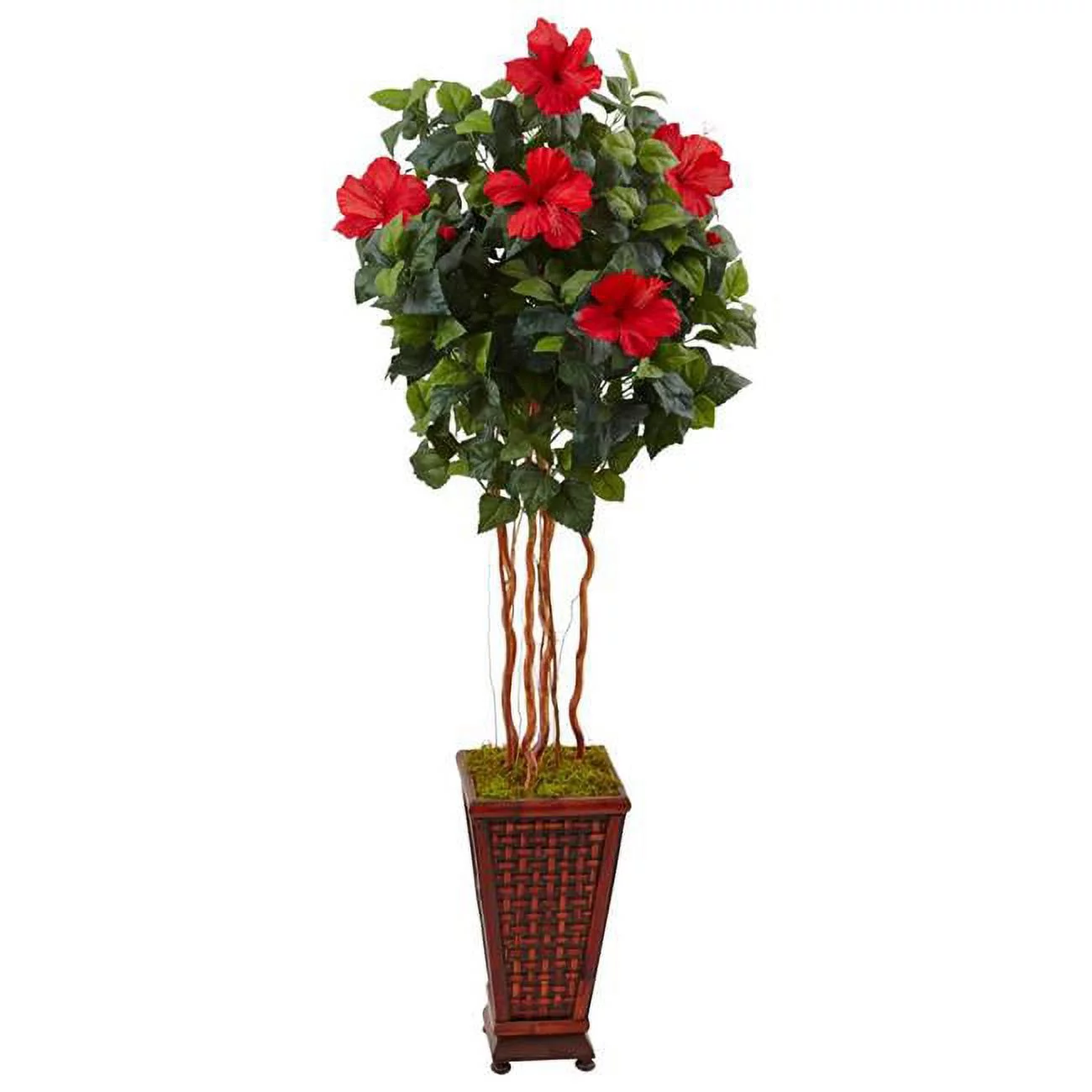 Nearly Natural 5' Hibiscus Artificial Tree with Brown Wooden Planter