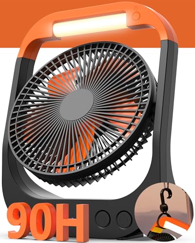 8” Portable Rechargeable Fan, Battery Operated Camping Fan with 27H Work Hours, Remote, Auto Oscillation, Timer, Hook for RV Tent Hurricane Emergency Orange