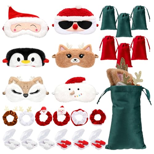6 Set Christmas Sleep Mask with Satin Travel Bag Elastic Scrunchie Ear Plugs Plush Eye Mask Cartoon Animal Blindfold Christmas Eye Cover for Women Xmas Party Favor Home Bed Traveling