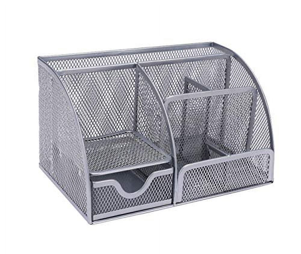 PAG Office Supplies Mesh Desk Organizer Set Pen Holder Accessories Storage Caddy with Drawer, Silver