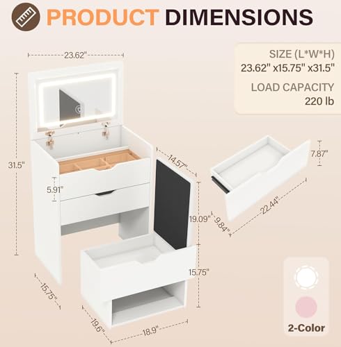 Small Vanity Desk with Mirror and Lights,Compact Vanity Mini Makeup Vanity Desk with Lights White Vanity Dressing Table with Chair,Makeup Table with Stool and Storage for Bedroom