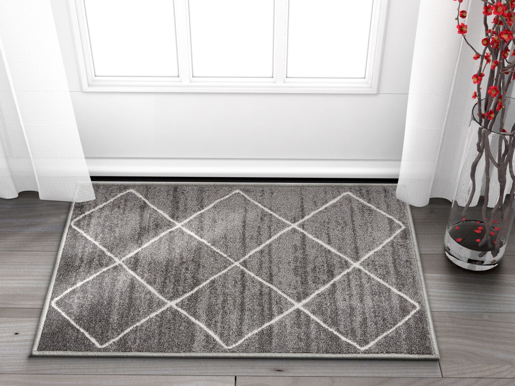 Well Woven Non-Skid/Slip Rubber Back Antibacterial Diamond Lattice Print Grey Thin Low Pile Machine Washable Indoor Outdoor Area Rug