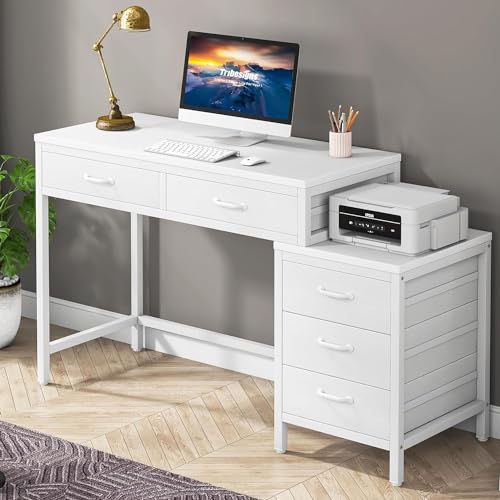 Tribesigns Computer Desk with 5 Drawers, Home Office Desks with Reversible Drawer Cabinet Printer Stand, Industrial PC Desk with Storage, Rustic Study Writing Table Workstation for Small Spaces