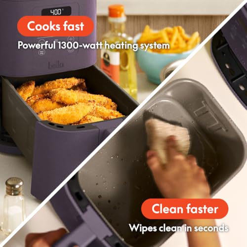 bella 4Qt Slim Air Fryer, Fits-anywhere™ Kitchenware, EverGood™ Ceramic Nonstick Coating, Adjustable Temperature, 6 Preset Cooking Options, 60 Min Auto Shutoff w Audible Tone, 3.3lb Capacity, Oatmilk