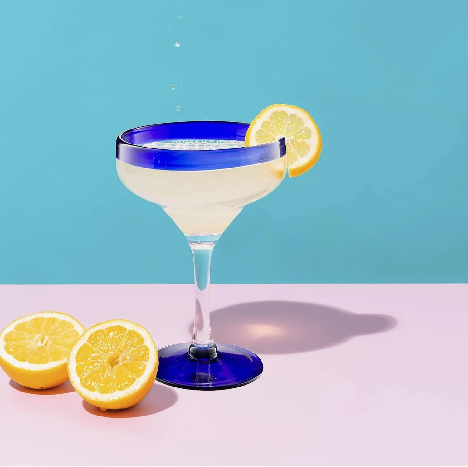 TWS Mexican Hand Blown 16oz Glasses, Set of 4, Cobalt Blue Rim, Margarita & Cocktail - The Wine Savant, Dishwasher Safe