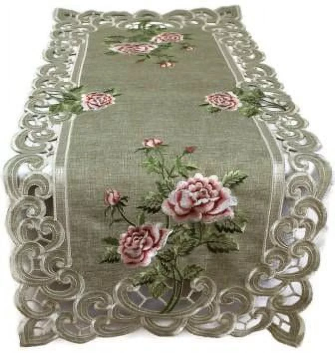 Doily Boutique Table Runner with Pink Roses and Sage Green Burlap Linen Fabric, Size 70 x 15 inches
