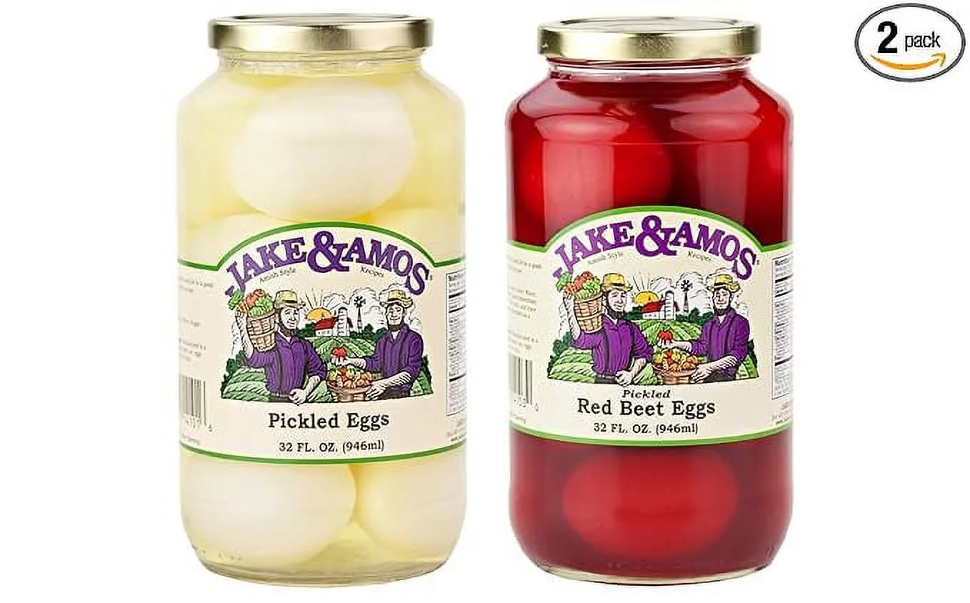 Jake & Amos Pickled Eggs Variety 2-Pack- Economy Size 32 oz. Jars (Pickled & Red Beet)