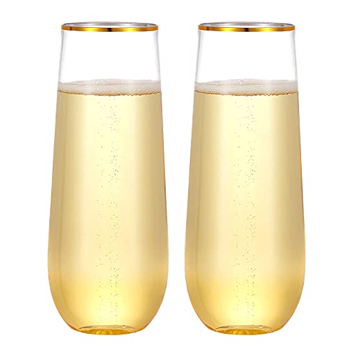 N9R 24PCS Plastic Champagne Flutes, 9 Oz Stemless Disposable Gold Rim Toasting Glasses, Crystal Clear Cocktail Cups Drinkware Shatterproof Ideal for Party Wedding Birthday
