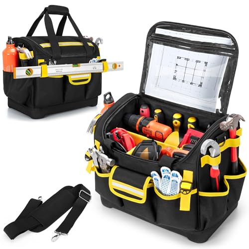 15-Inch Tool Organizer Bag with Hard Base, Heavy Duty Tool Box for Men, Tactical Electrical Work Bag for Electrician, Craftsman, Black