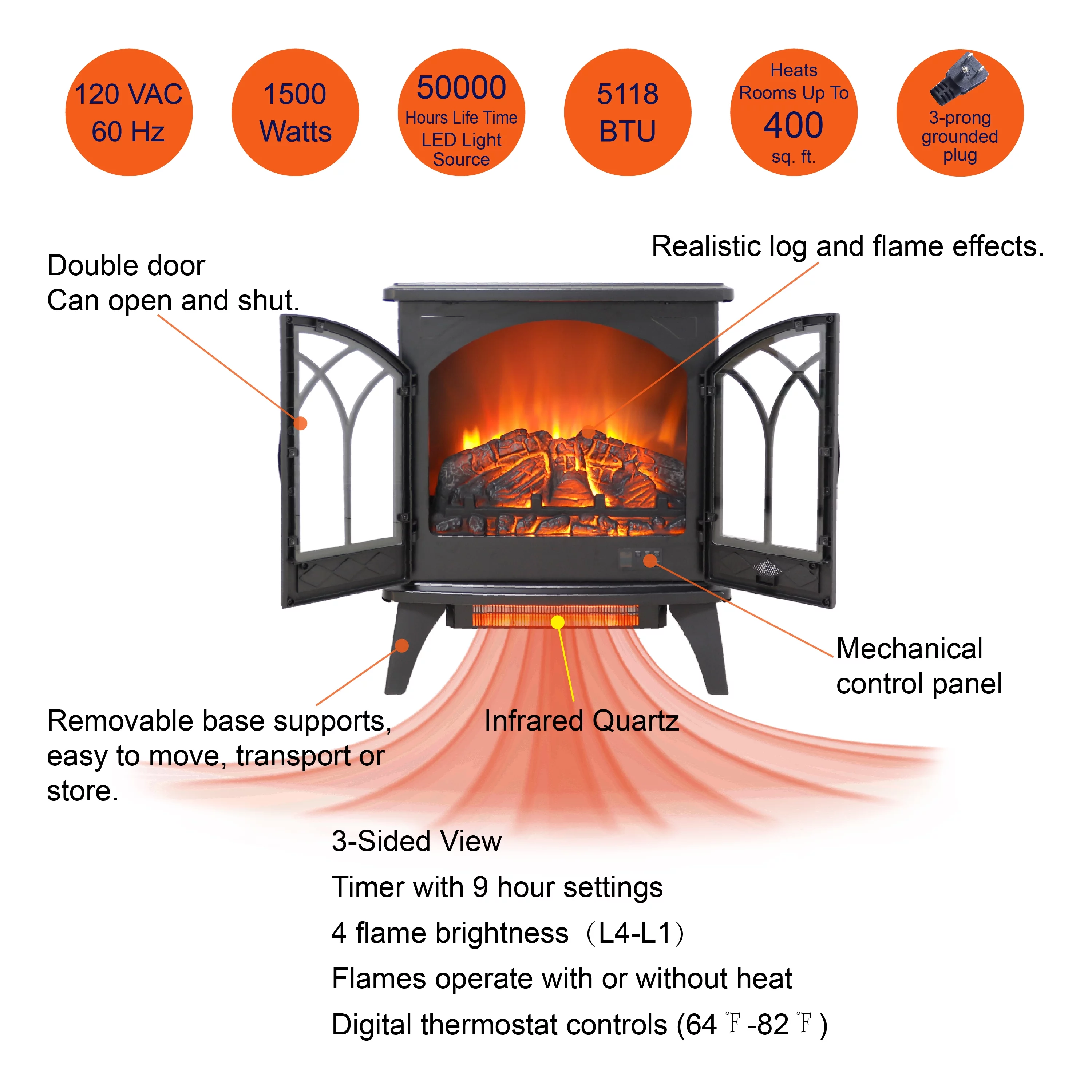 24 Inch 3D Infrared Electric Stove with Remote Control Simulating Small Stove
