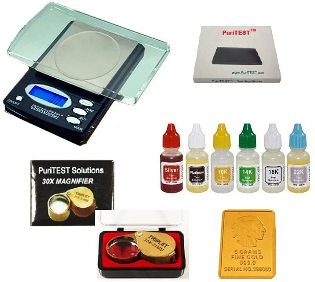 DigiWeigh Professional Jeweler's Test Equipment - New Electronic Jewelry Scale, PuriTEST Precious Metals Acid Test Kit, 30x Loupe, Plus Free 5gr Gold Buffalo Bar Replica!