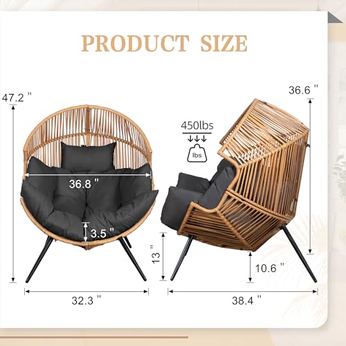 Vongrasig Wicker Egg Chair PE Rattan Chair with Cushion, Oversized Patio Lounge Chair for Outdoor, Indoor, Balcony, Backyard, Garden, Living Room, Bk