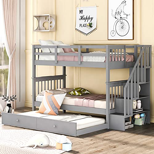 Harper & Bright Designs Twin Over Twin Bunk Bed with Stairs and Trundle, Solid Wood Stairway Bunk Bed Frame with Storage, for Kids Teens Adults – White