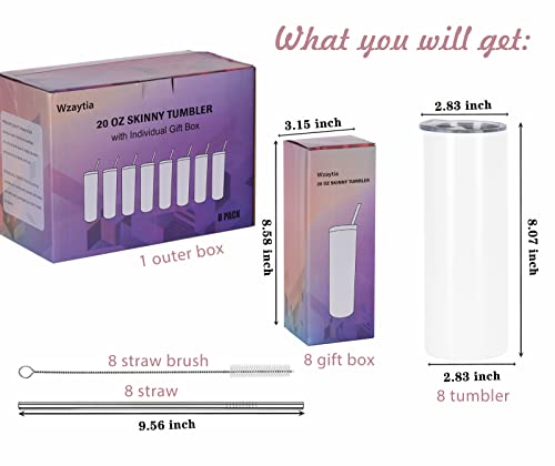 20 Oz Stainless Steel Straight Skinny Tumbler Set (8 Pack), Insulated Slim Thin Travel Cup with Lid, Black