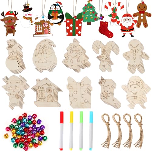 DECYOOL 50 Pieces Christmas Wooden Ornaments Blanks Pendants Unfinished Wood Slices Hanging for Festivals DIY Crafts Decoration, 10 Styles