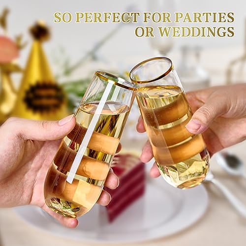 FOCUSLINE 24 Pack 9 Oz Plastic Stemless Gold Rim Champagne Flutes, Heavy Duty, Shatterproof, Disposable & Reusable Crystal Clear Toasting Glasses