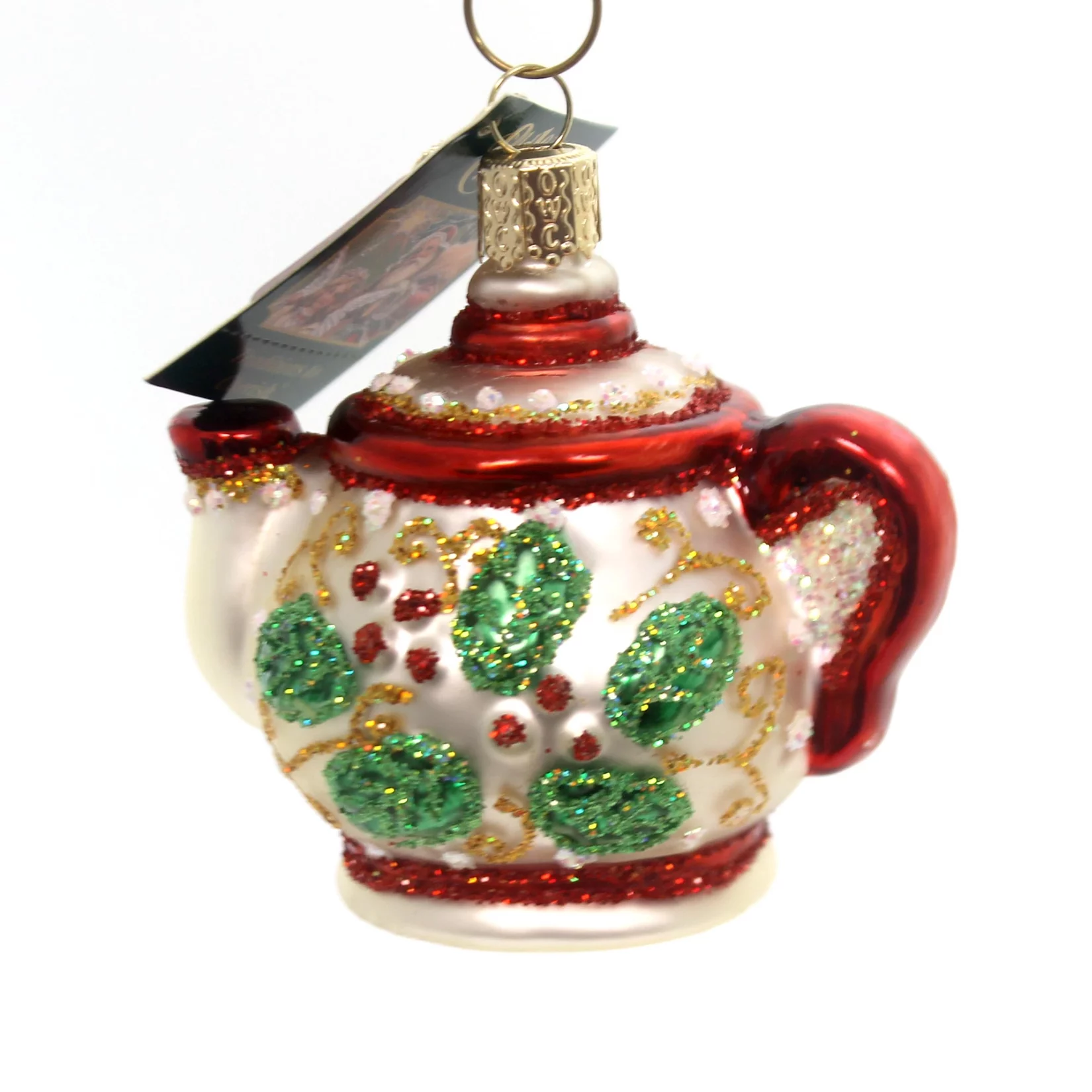 Old World Christmas Glass Blown Christmas Ornament, Holly Teapot (With OWC Gift Box)