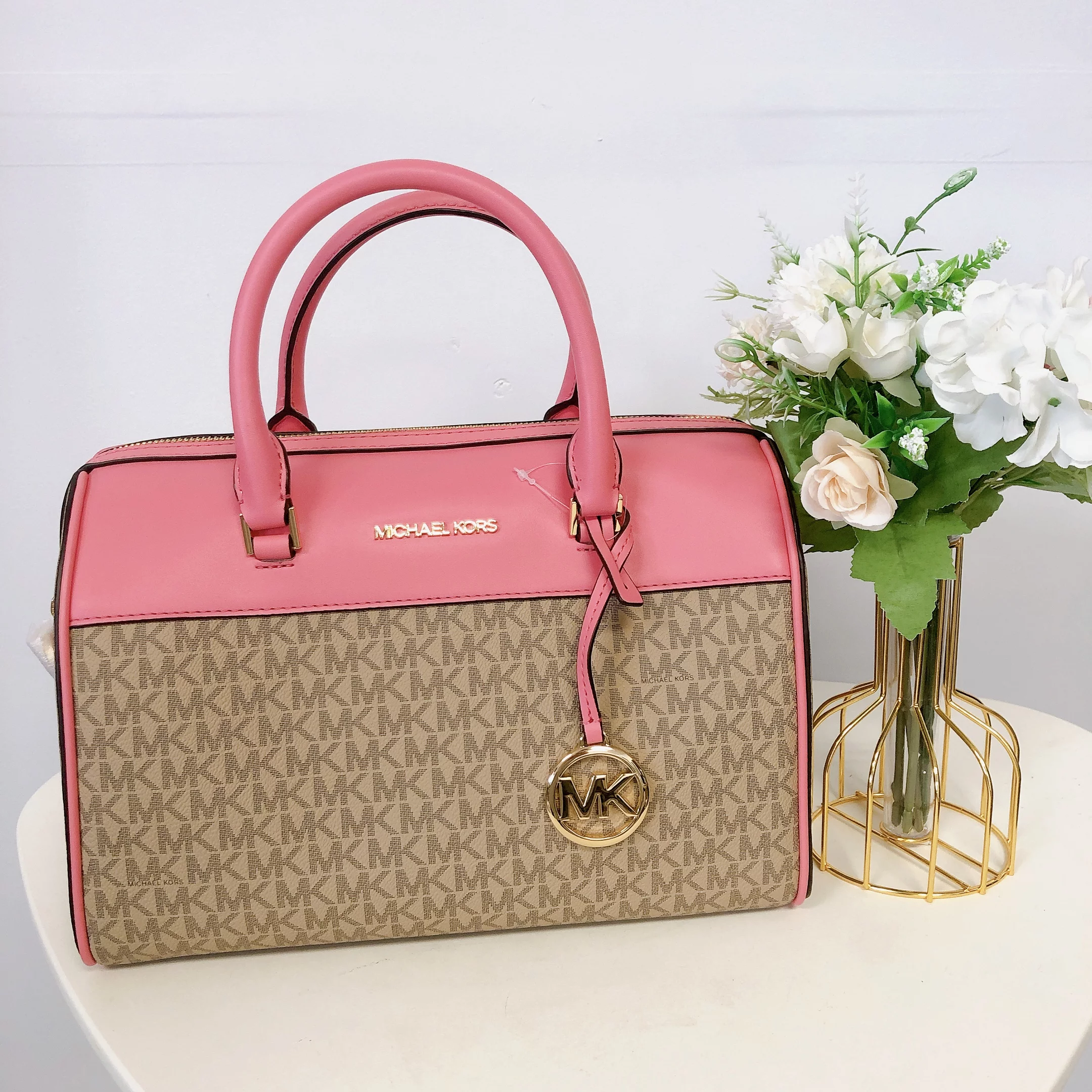 Michael Kors Travel Medium Tea Rose Signature PVC Duffle Crossbody Bag Purse