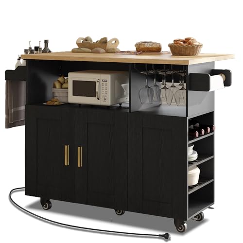 Rolling Mobile Kitchen Island Cart with Desktop Drop Leaf Countertop, Island Table Storage with 5 Wheels, Rolling Kitchen Cabinet with Power Socket (White, with Countertop)