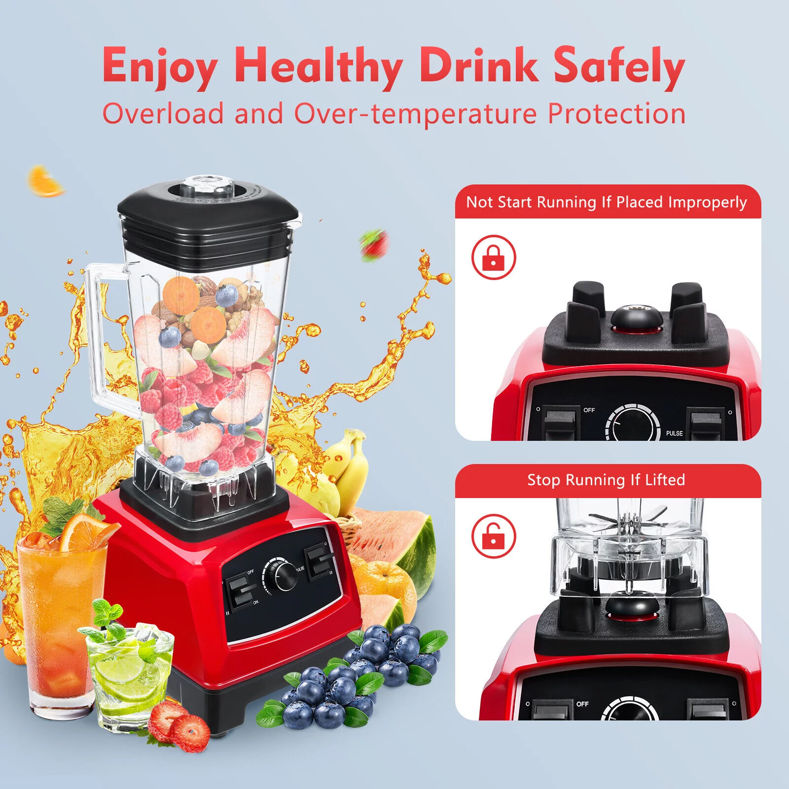 Oukaning 2L 2200W Crushing Blender Electric Mixer 45000 Rpm High Speed Blender(Red)