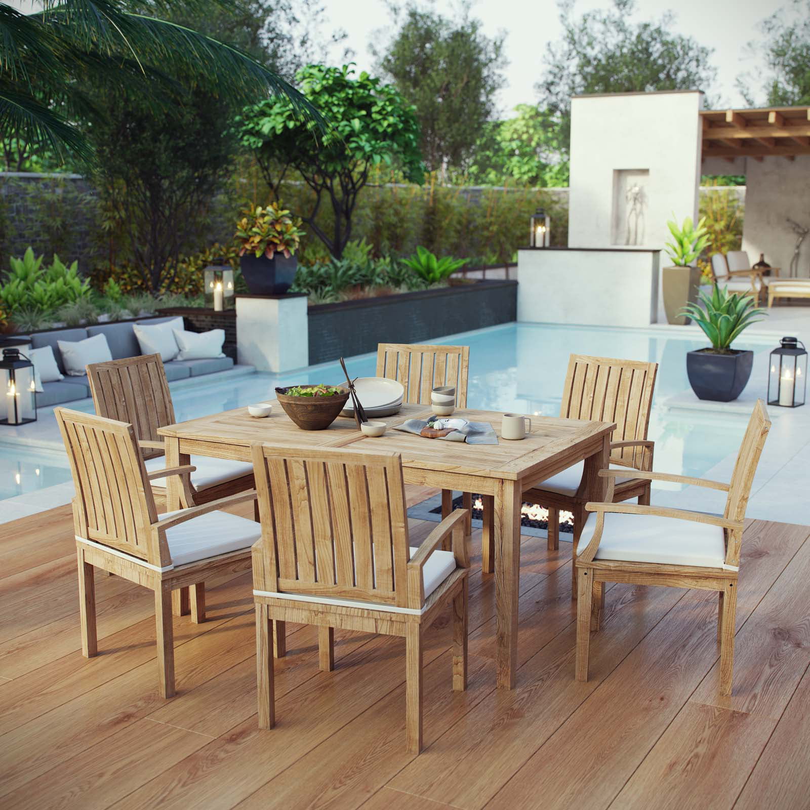 Modern Contemporary Urban Design Outdoor Patio Balcony Garden Furniture Side Dining Chair and Table Set, Wood, White Natural