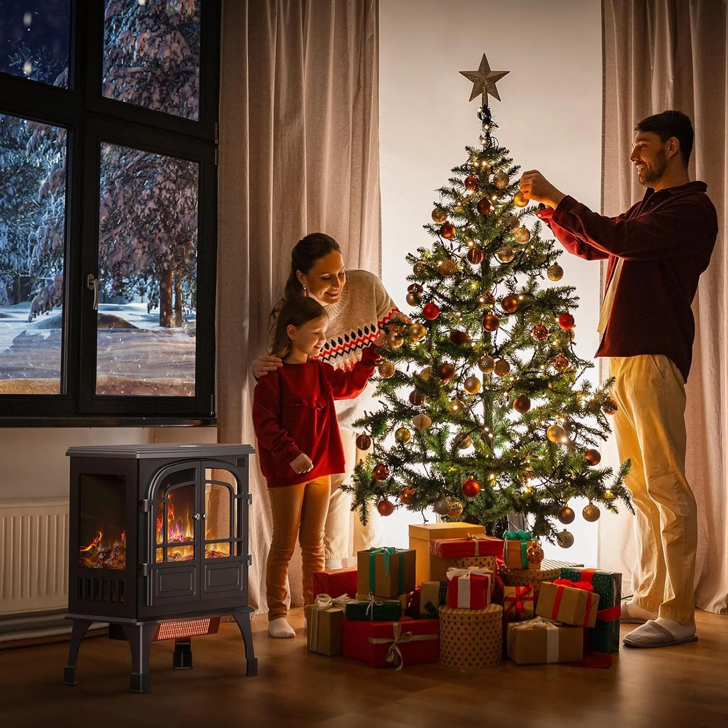 24'' Electric Fireplace Heater, Fire Places Stove with Remote Control, 3D Realistic Flame, Overheating Safety Protection, Timer, 5 Flame Brightness, 2 Heating Mode 750/1500W for Home