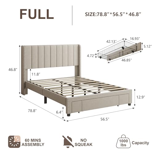 Queen Size Upholstered Platform Bed Frame with 1 Storage Drawer, Vertical Channel Tufted Wingback and Rivet Decor Headboard, No Box Spring Needed, Light Grey