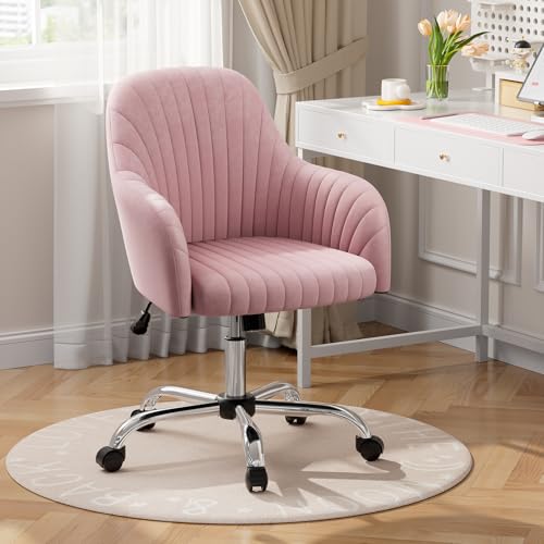 Warmiehomy Velvet Fabric Home Office Chair Comfy Vanity Chairs Adjustable 360° Swivel Upholstered Computer Task Chair Living Room Chairs with Arms, Pink Desk Chair